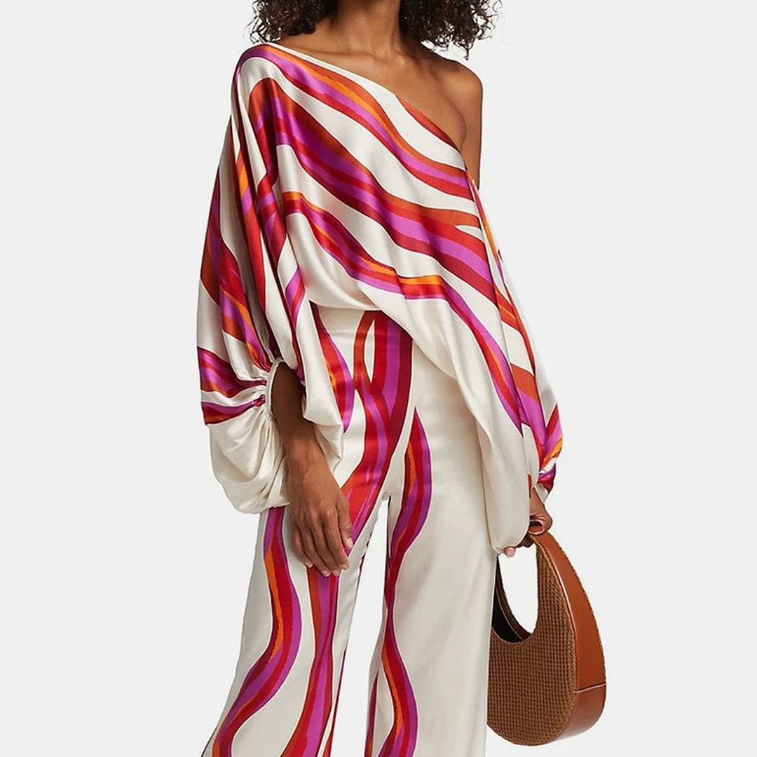 Ladies Two-Piece Set – Satin-look – Off-Shoulder Top – High Waist – Wide Legs