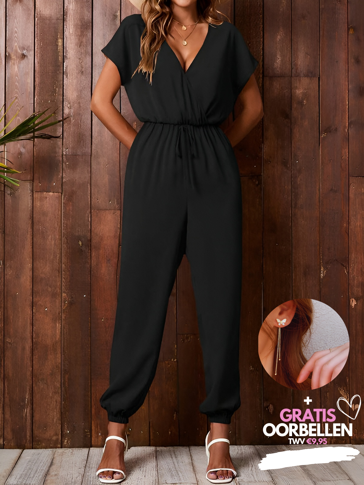 Dames Jumpsuit – V-hals – Korte Mouwen – Elastische Taille – Cuffed Pijpen
