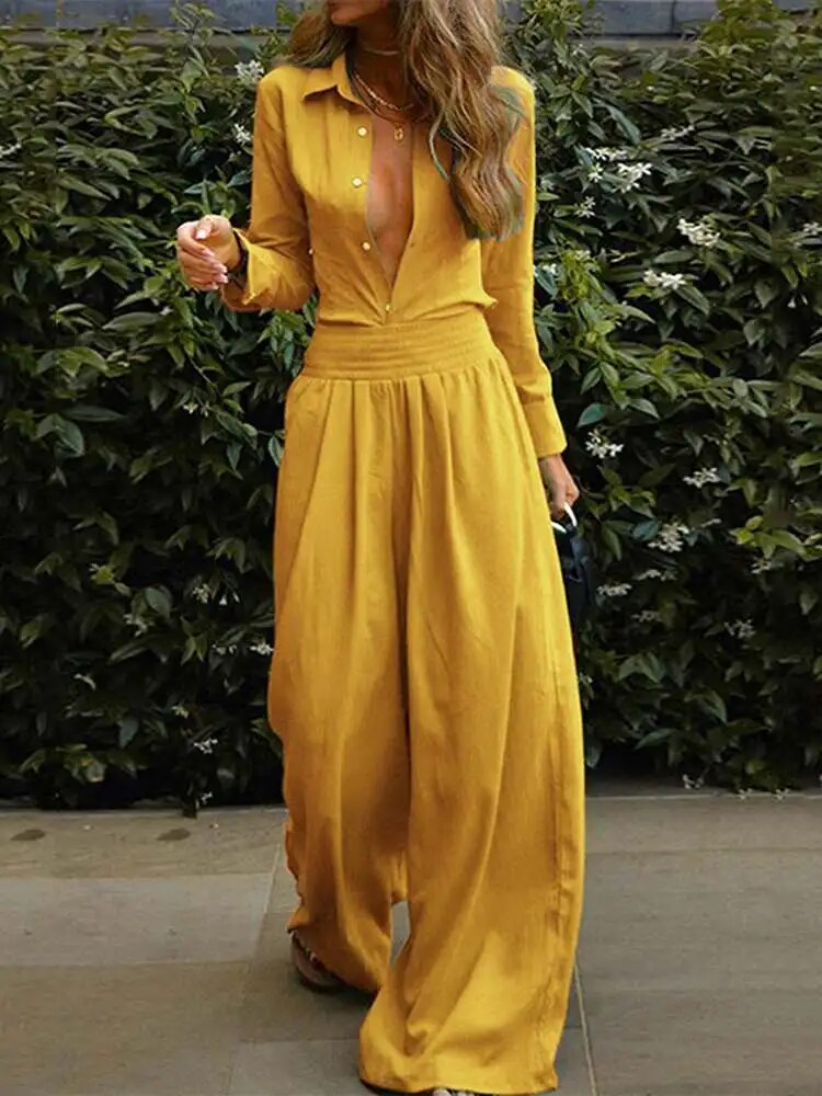 Retro Knoop Elastische Taille Jumpsuit Voor Dames