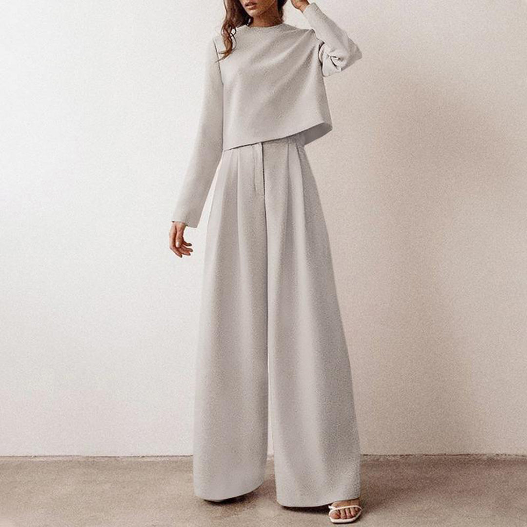 Elegante Cropped Lange Mouw En Wijde Pijpen Broekenset Voor Dames