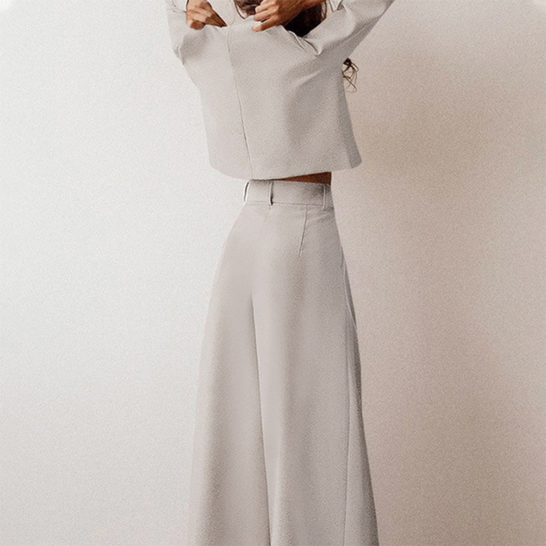 Elegante Cropped Lange Mouw En Wijde Pijpen Broekenset Voor Dames