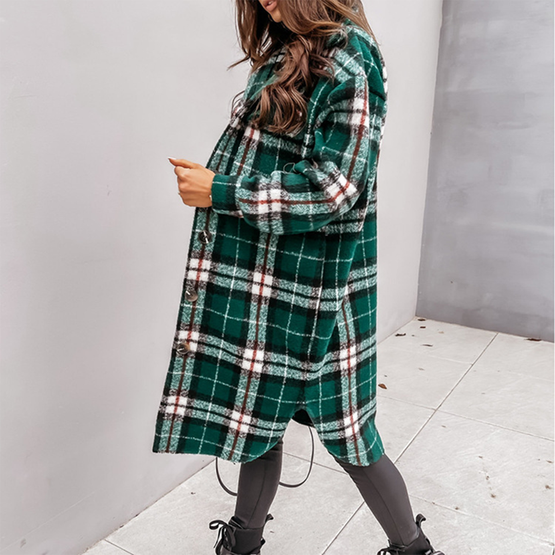 Ladies Long Coat – Oversized Fit – Wool Mix – Checked Pattern – Front Buttons