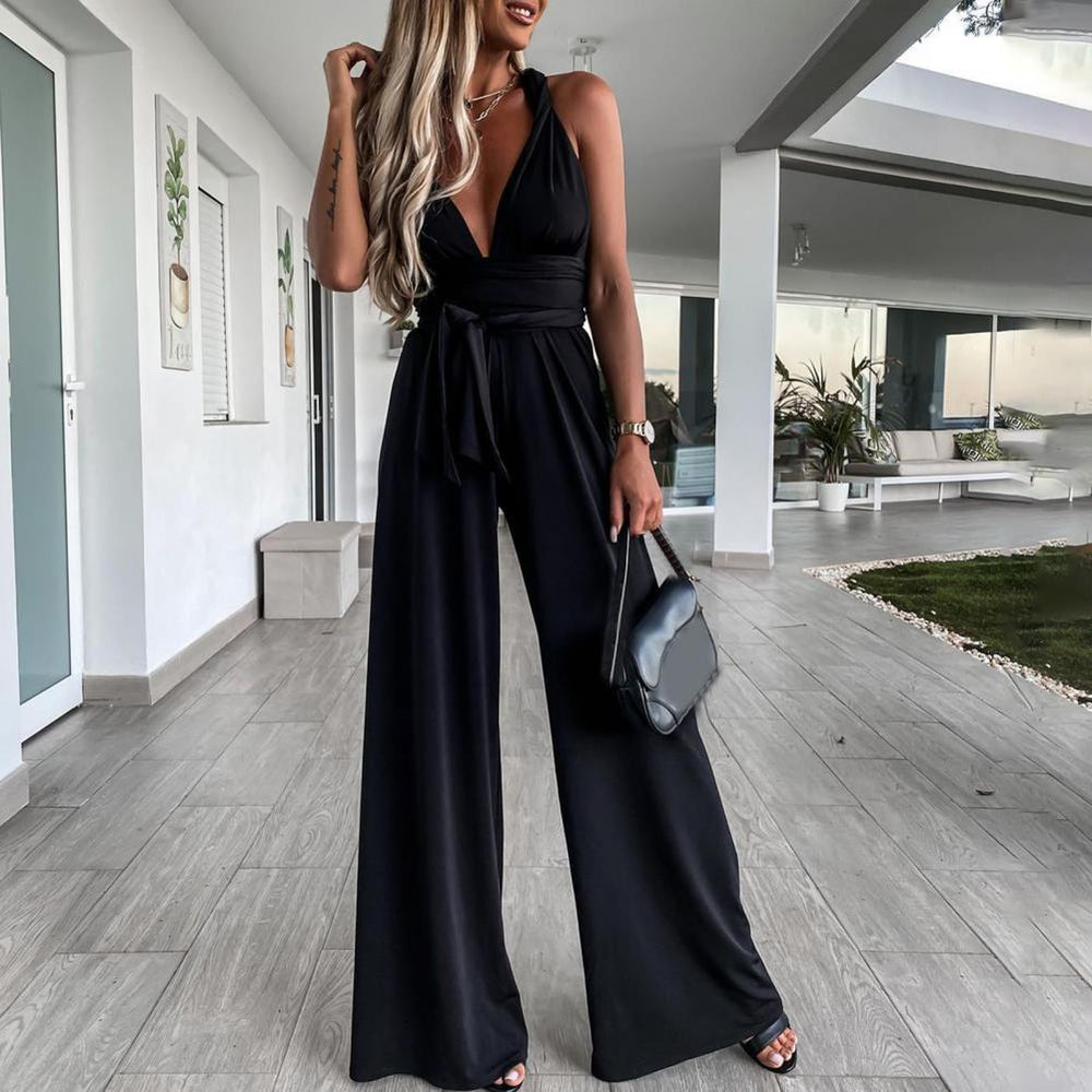 Dames Jumpsuit - Mouwloos - V-Hals - Brede Pijpen - Elegante Taille Ceintuur