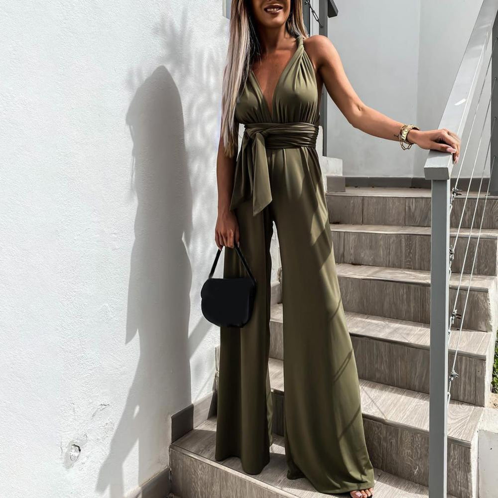 Dames Jumpsuit - Mouwloos - V-Hals - Brede Pijpen - Elegante Taille Ceintuur