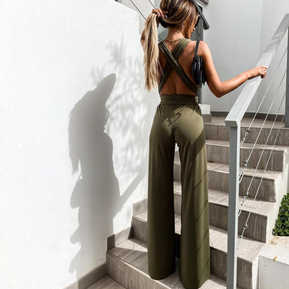 Dames Jumpsuit - Mouwloos - V-Hals - Brede Pijpen - Elegante Taille Ceintuur