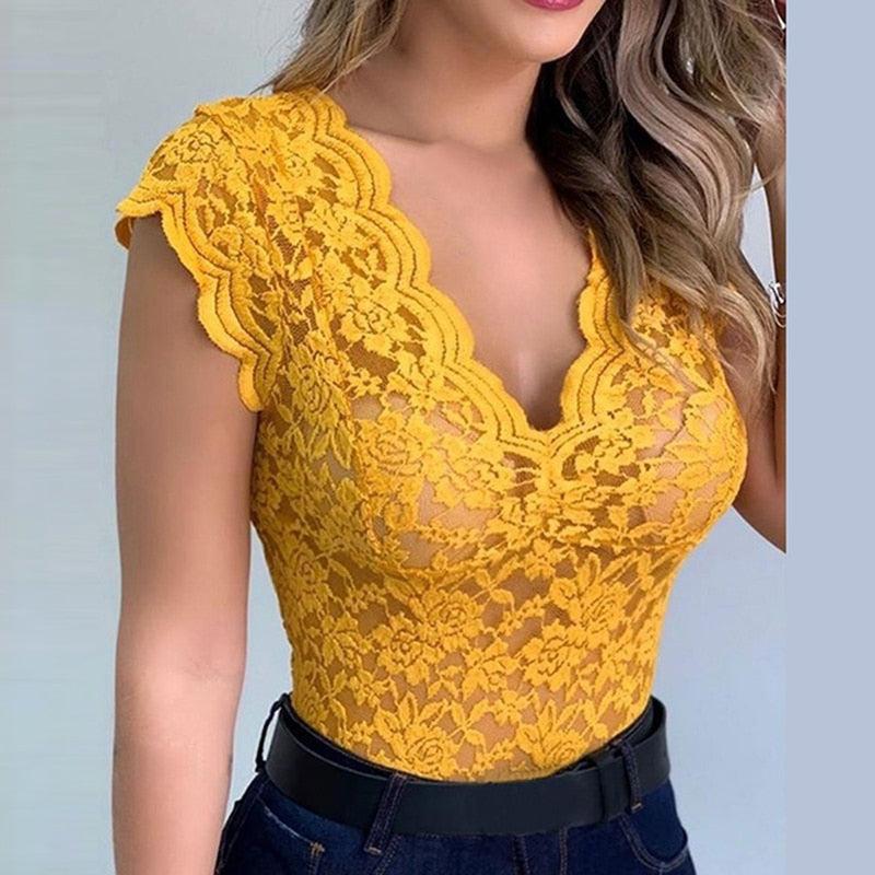 Kanten Top – Elegante V-hals Blouse met Bloemenpatroon