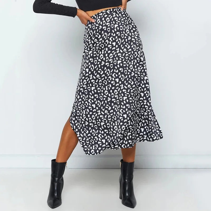 Luipaardprint midi rok met split