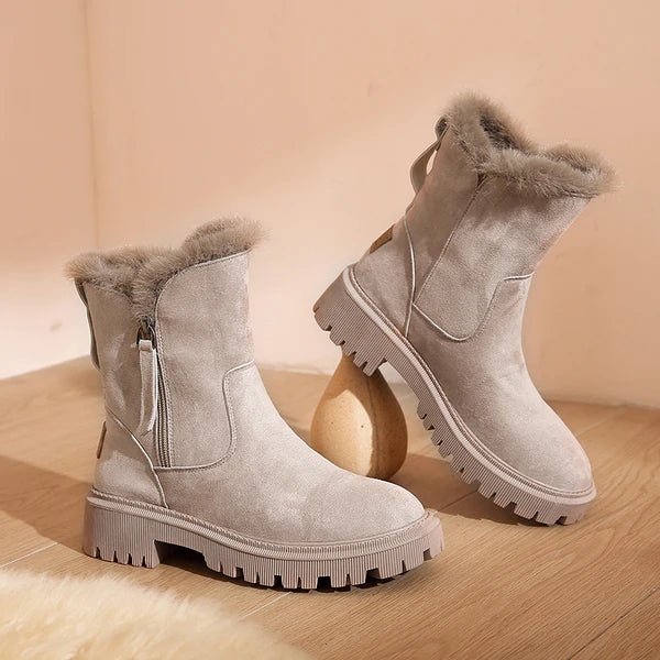 Dames Enkelboots - Suède Met Bontvoering - Stevige Zool - Ritsluiting - Comfort Fit