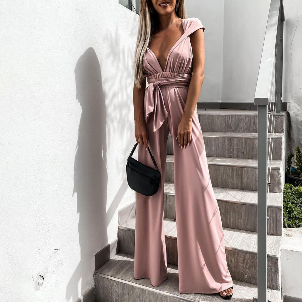 Dames Jumpsuit - Mouwloos - V-Hals - Brede Pijpen - Elegante Taille Ceintuur