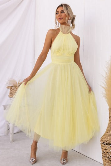 Women's midi dress – Halter neck – Figure-hugging bodice – A-line skirt – Luxury fabric