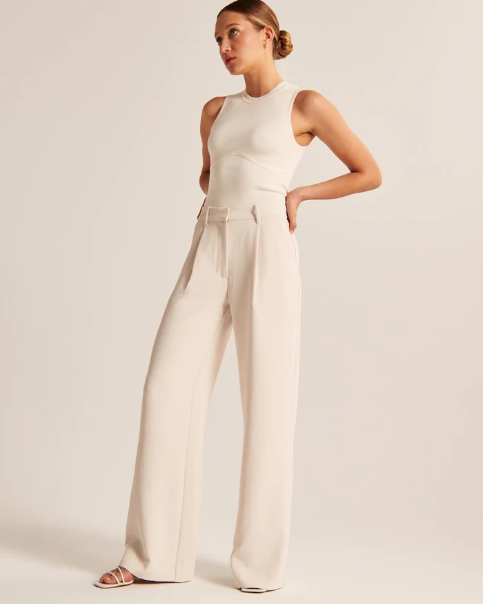 Elisa | Beige Pantalon met Wijde Pijpen