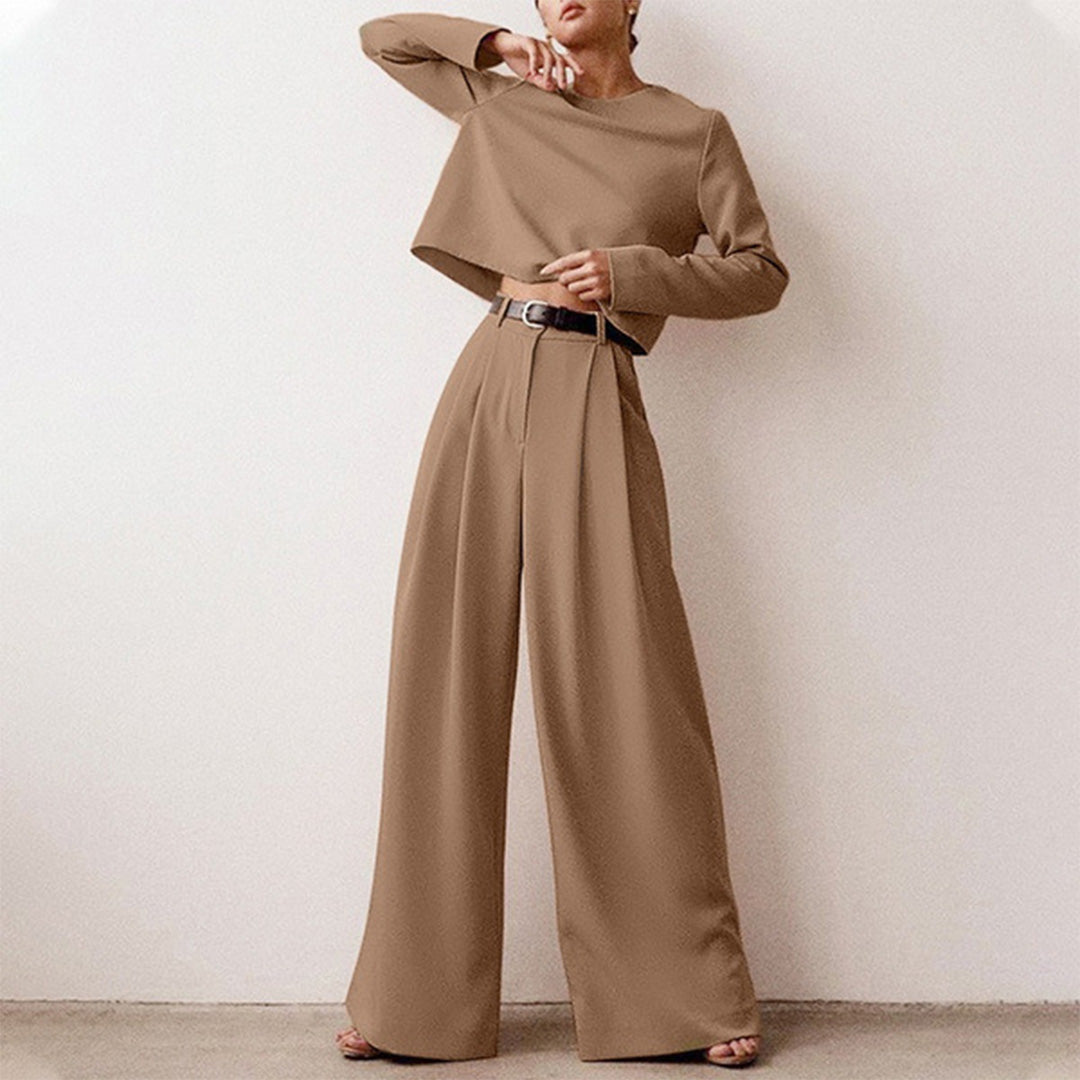 Elegante Cropped Lange Mouw En Wijde Pijpen Broekenset Voor Dames