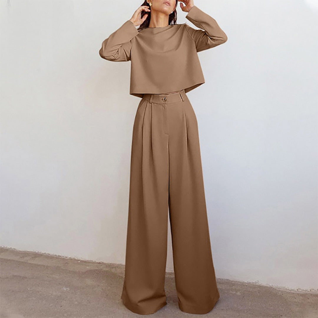 Elegante Cropped Lange Mouw En Wijde Pijpen Broekenset Voor Dames