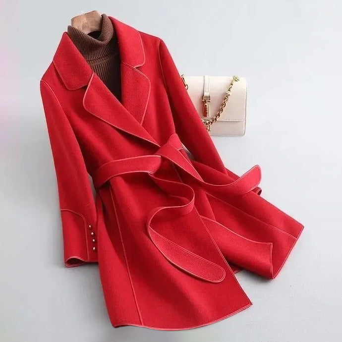 Women's Double-Breasted Wool Winter Coat With Tie Belt