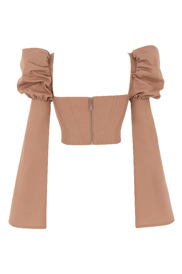 Mokka Korsettop met Elegante Pofmouwen