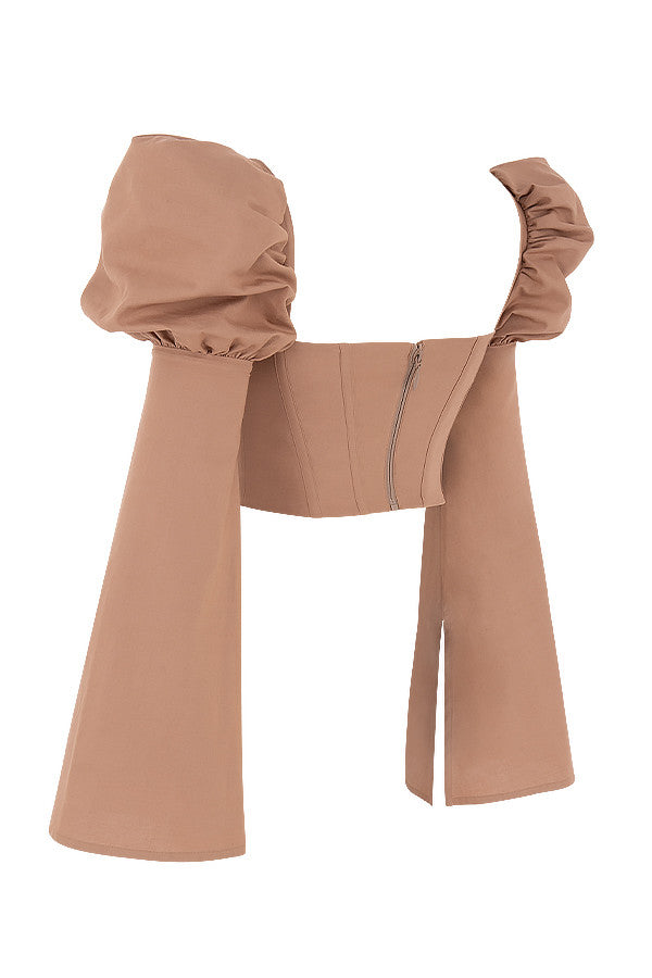 Mokka Korsettop met Elegante Pofmouwen