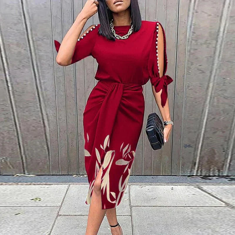 Dames Jurk – Midi Wrap Design – Kanten V-hals – Lange Mouwen – Getailleerde Pasvorm
