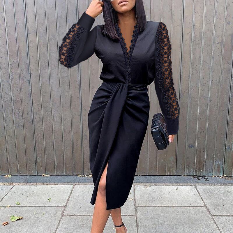 Dames Jurk – Midi Wrap Design – Kanten V-hals – Lange Mouwen – Getailleerde Pasvorm