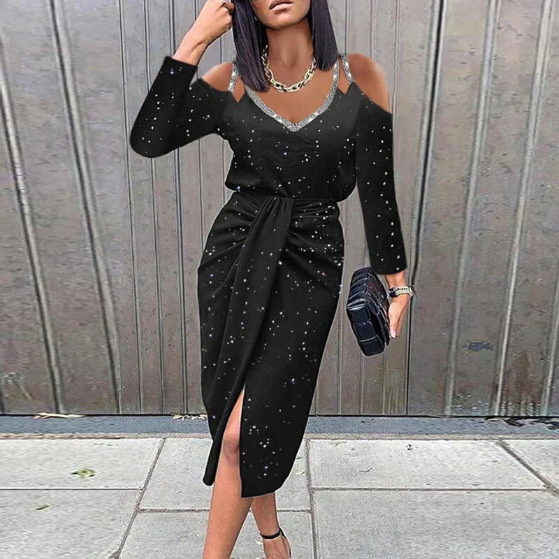 Dames Jurk – Midi Wrap Design – Kanten V-hals – Lange Mouwen – Getailleerde Pasvorm