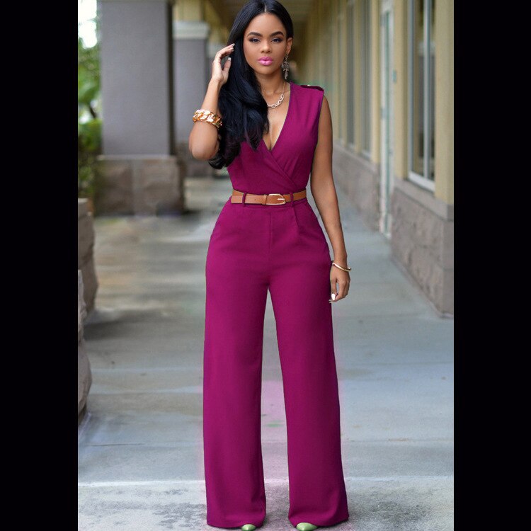 Dames Jumpsuit - V-Hals - Mouwloos - Wijde Pijpen - Getailleerd Met Ceintuur