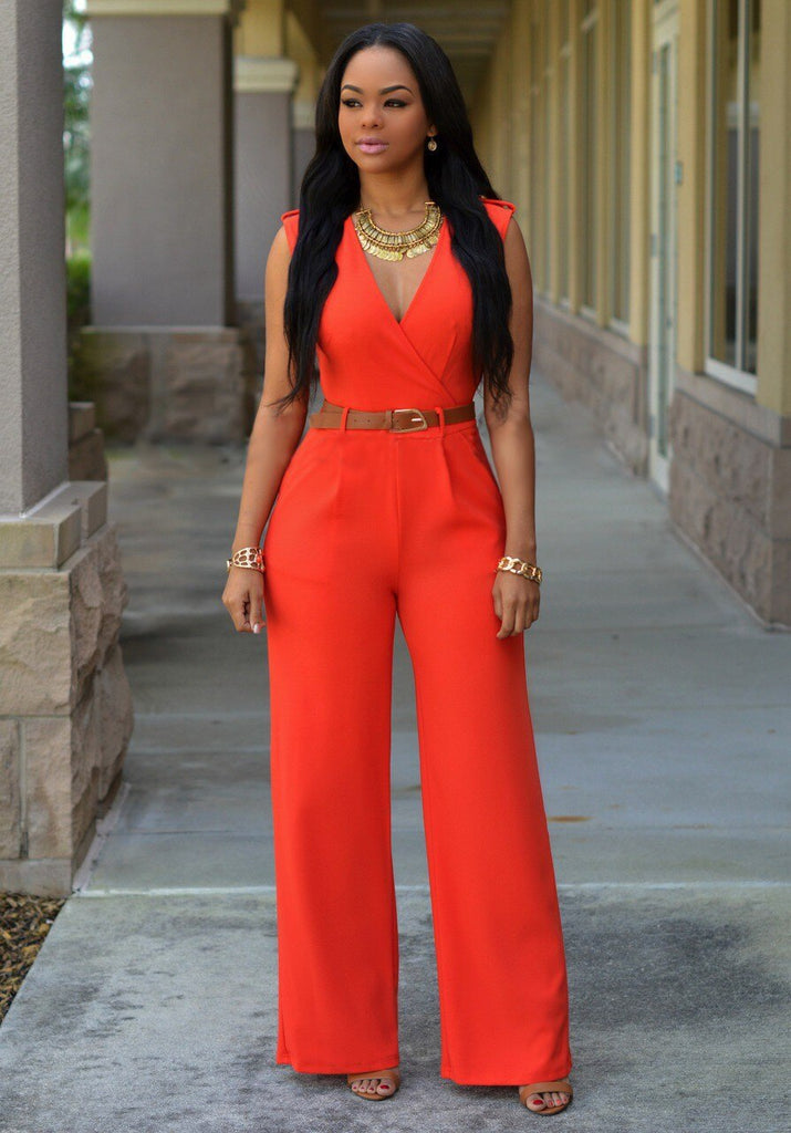 Dames Jumpsuit - V-Hals - Mouwloos - Wijde Pijpen - Getailleerd Met Ceintuur
