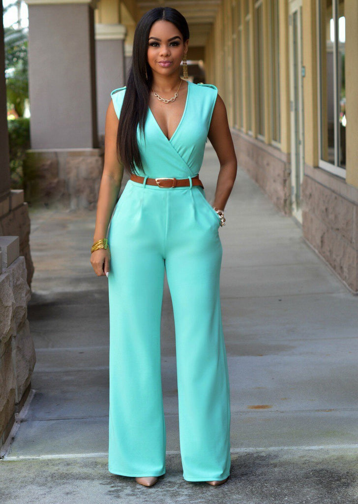 Dames Jumpsuit - V-Hals - Mouwloos - Wijde Pijpen - Getailleerd Met Ceintuur