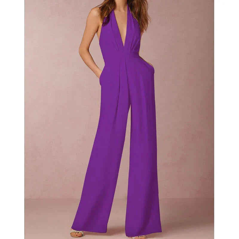 Dames Jumpsuit – Halternek – Wijde Pijpen – Geplooide Taille – Elegant Design