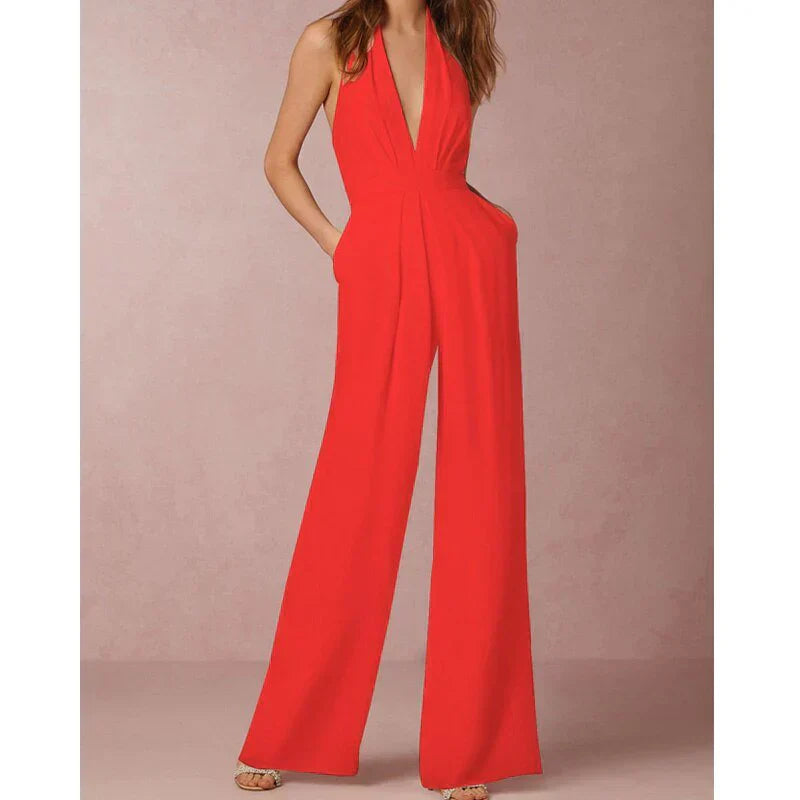Dames Jumpsuit – Halternek – Wijde Pijpen – Geplooide Taille – Elegant Design