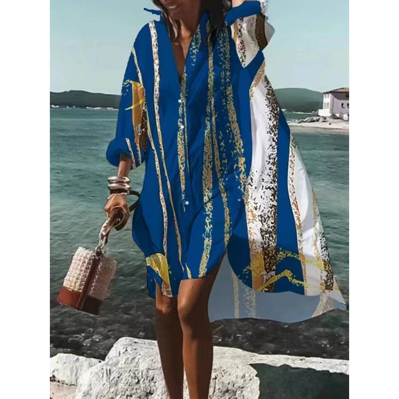 Women's Dress – Relaxed Fit – V-neck – Knee-length – Breathable Natural Material – Abstract Print