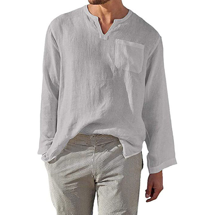 Men's Shirt – Linen Cotton – Relaxed Fit – Band Collar – Long Sleeve Casual
