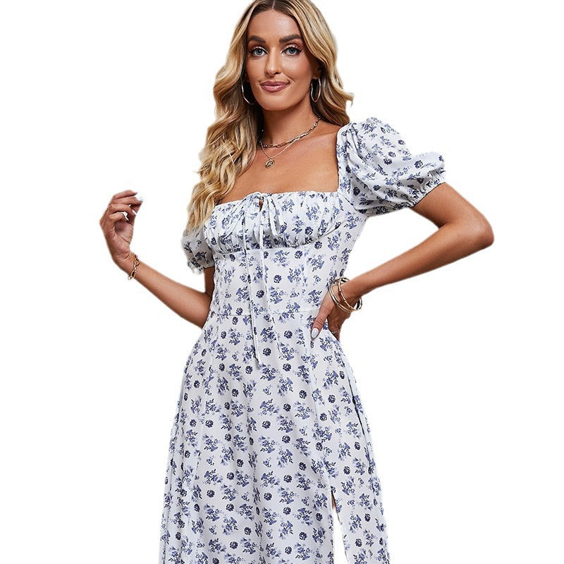 Ladies Midi Dress – A-line Fit – Floral Print – Bow Detail – Puff Sleeves – Front Split