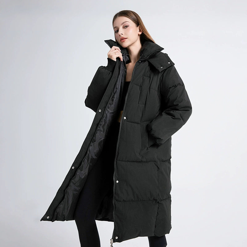 Women's Long Puffer Trenchcoat – Oversized Fit – Padded – Hood – High Collar