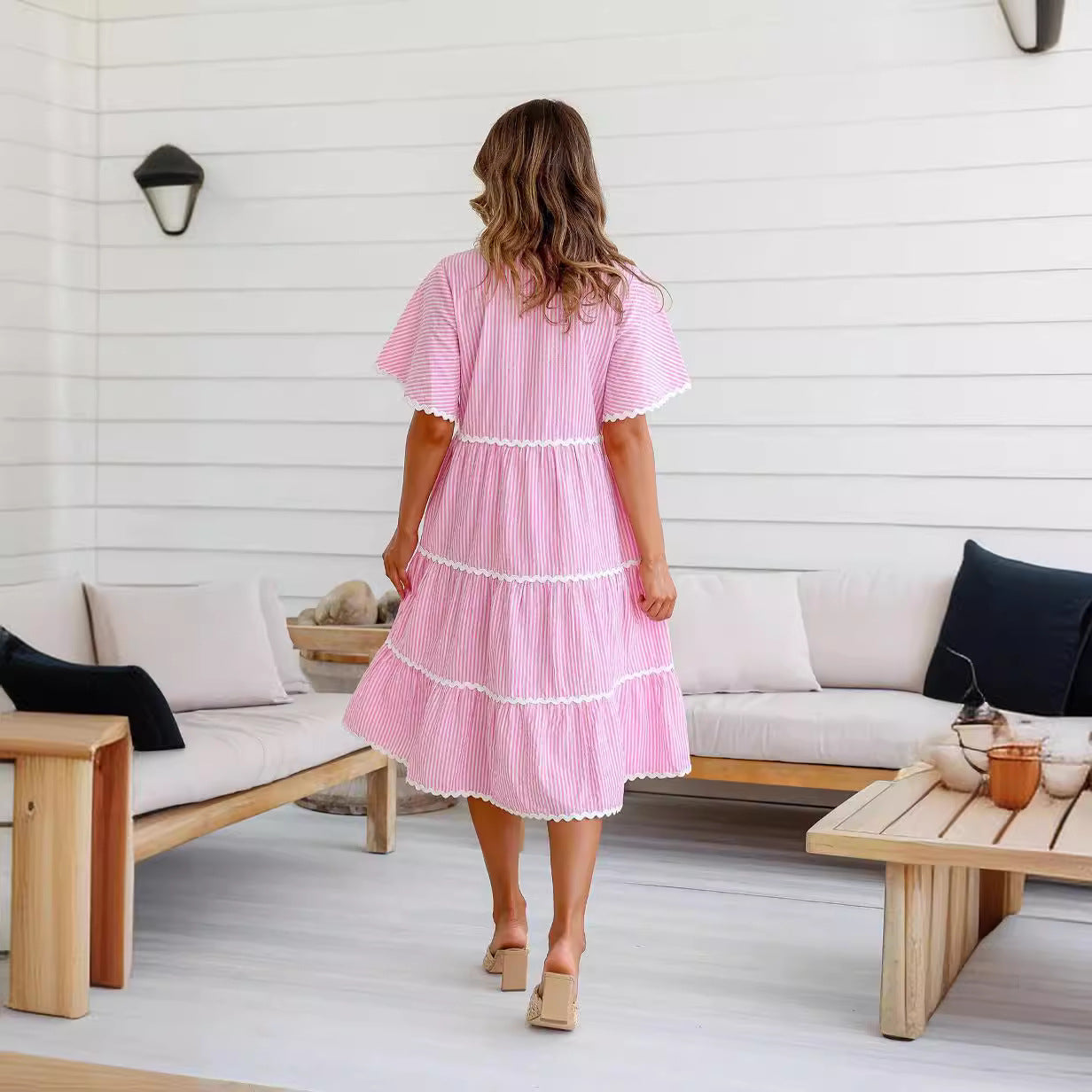 Ladies Dress – V-neck – Loose Fit – Cotton – Button Closure – Lace Details