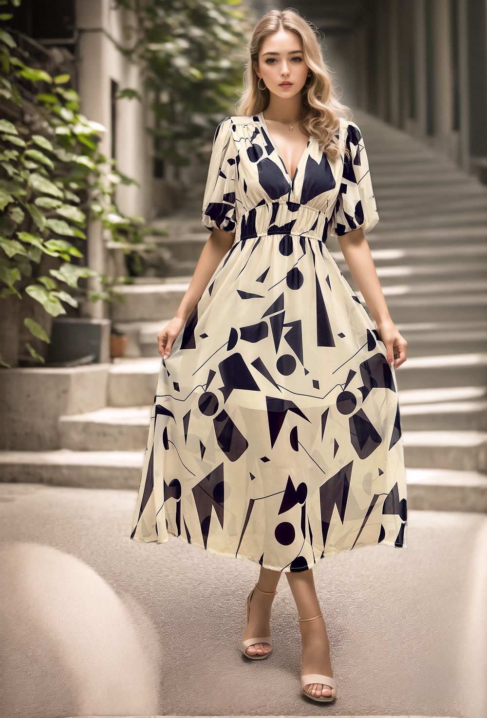 Ladies Midi Dress – Fitted Waist – V-Neck – Puff Sleeves – Breathable – Print Design