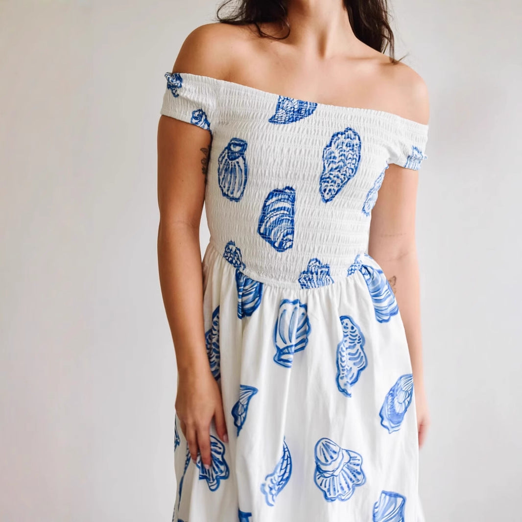 Women's Off-Shoulder Dress – Smock Top – Cotton Blend – A-line – Shell Print – Midi Length