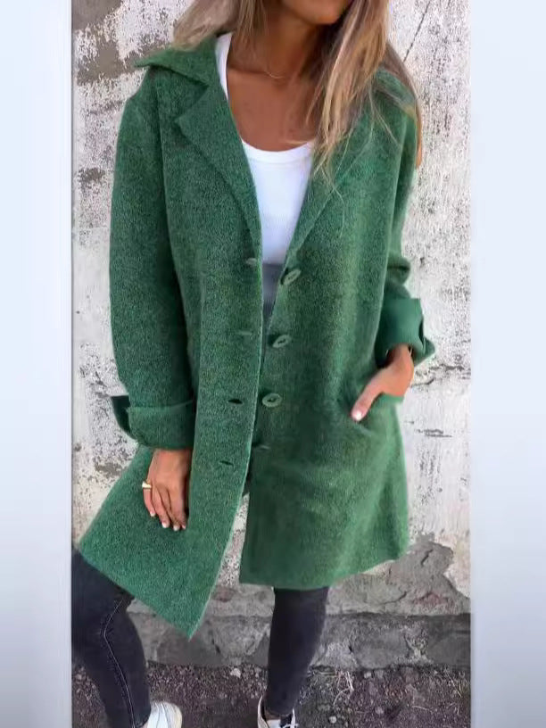 Women's Mid-Length Coat – Relaxed Fit – Wool Look – Notched Lapel – Single Row Button Closure