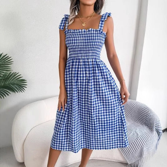 Ladies Midi Dress – Slim Fit – Checked Print – Smocked Bodice – Tie Strap Shoulders