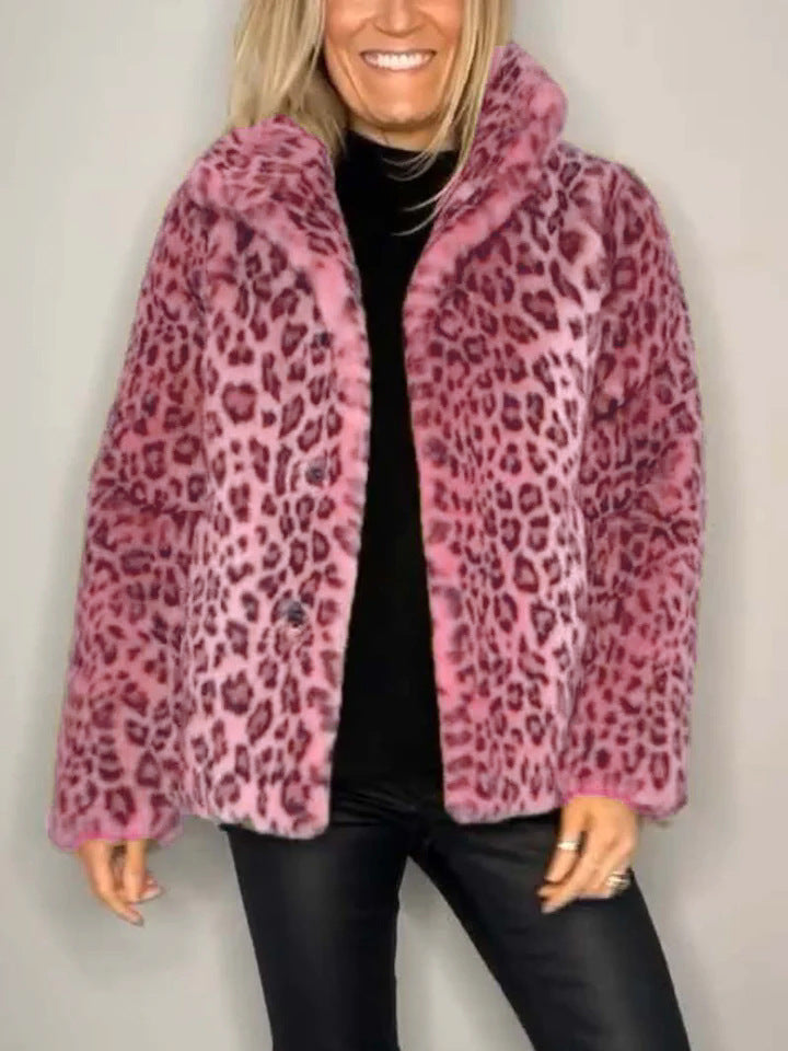 Ladies Coat – Faux Fur – Oversized Fit – Notched Collar – Leopard Print