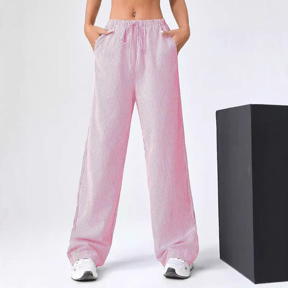 Ladies straight pants – Breathable material – Drawstring waist – Full length – Striped