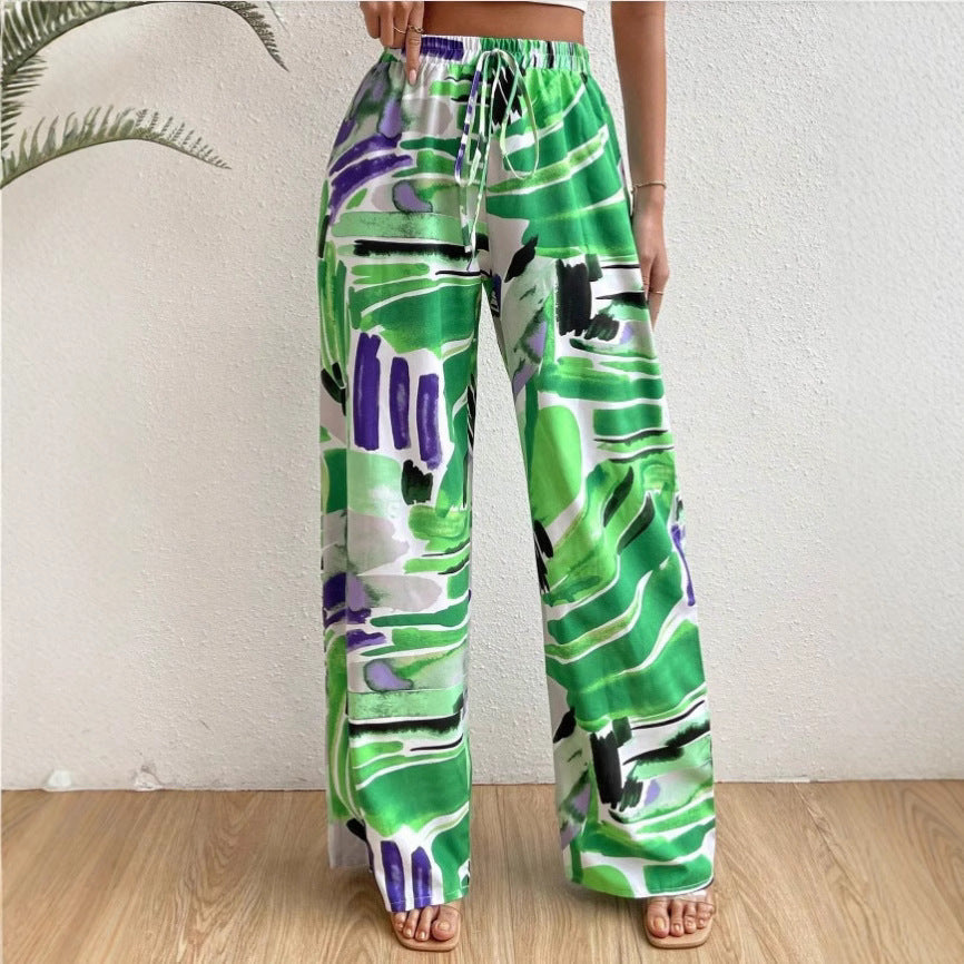 Women's Pants – Wide Legs – High Waist – Abstract Print – Breathable Comfort