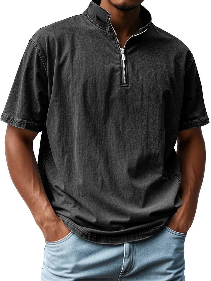 Men's shirt – Short sleeve – Relaxed fit – Stand-up collar – Zip fastening – Breathable