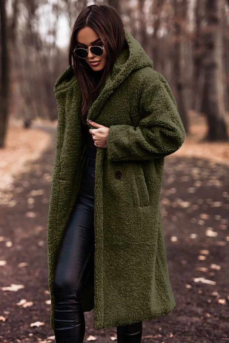 Women's Teddy Coat – Oversized Fit – Soft Fleece – Long Open Front – With Hood