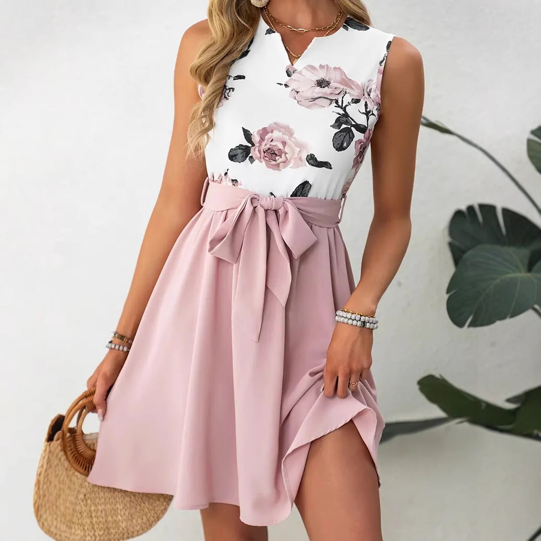 Women's Dress – Slim Fit – Sleeveless – A-line – Round Neck – Floral Print – Bow Belt
