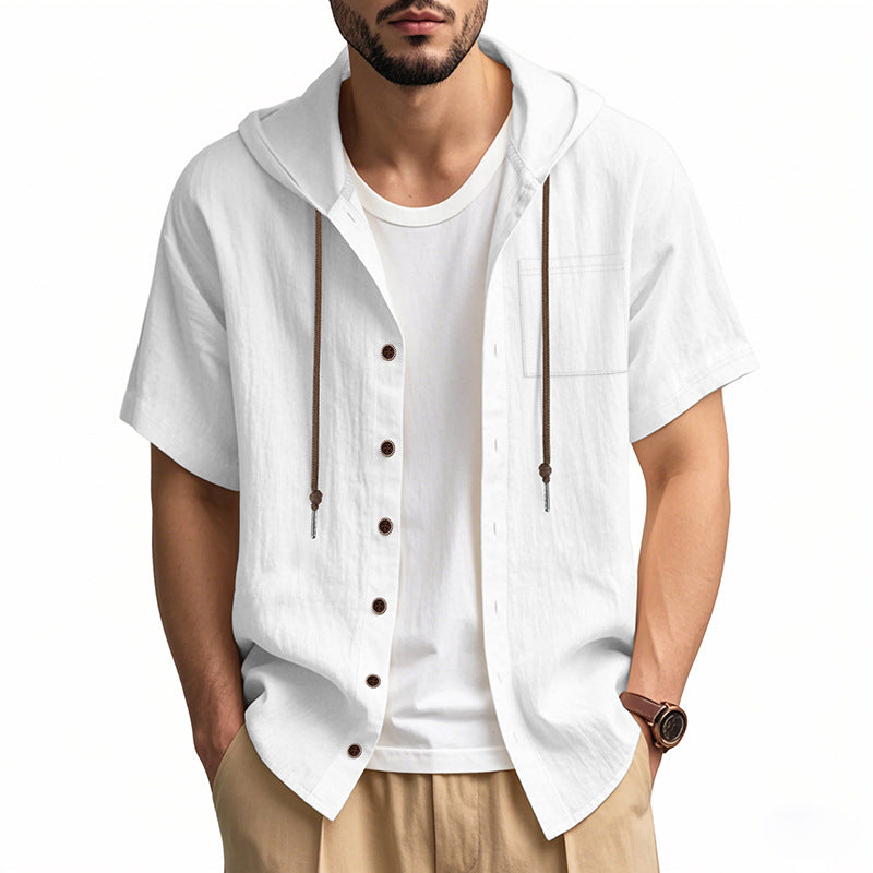 Men's Hooded Shirt – Linen Blend – Relaxed Fit – Short Sleeve – Button Closure Casual