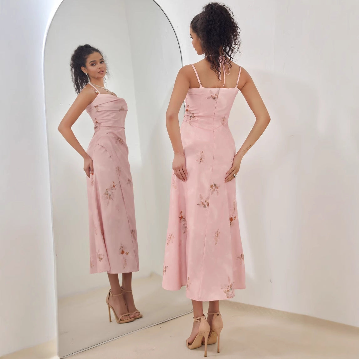 Ladies midi dress – satin look – A-line fit – strappy shoulders – floral print