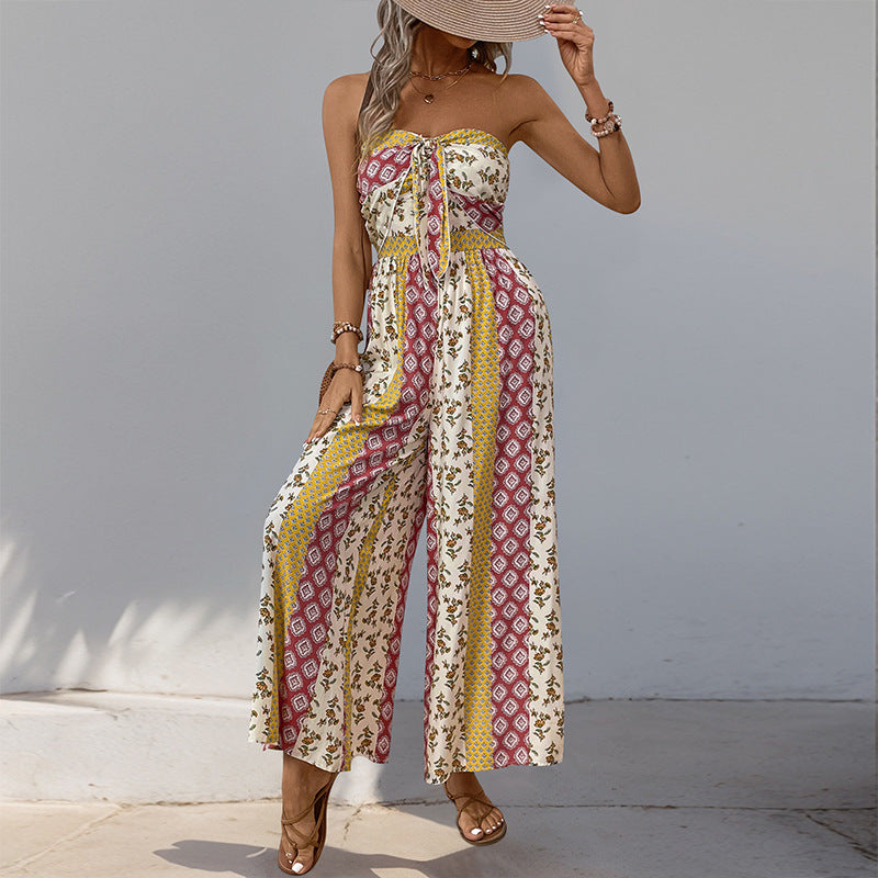 Ladies Jumpsuit – Strapless – Boho Print – Wide Legs – Breathable Cotton Blend