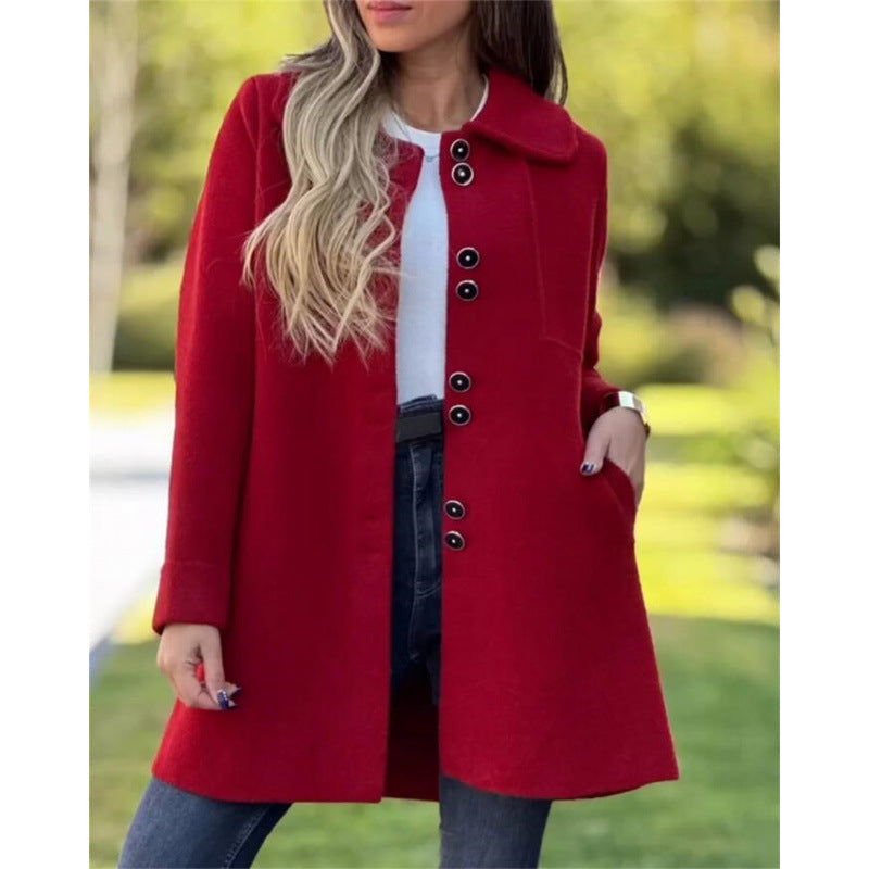 Ladies Coat – Wool – Fitted Model – Single-Breasted – Mid-Length – Wide Collar