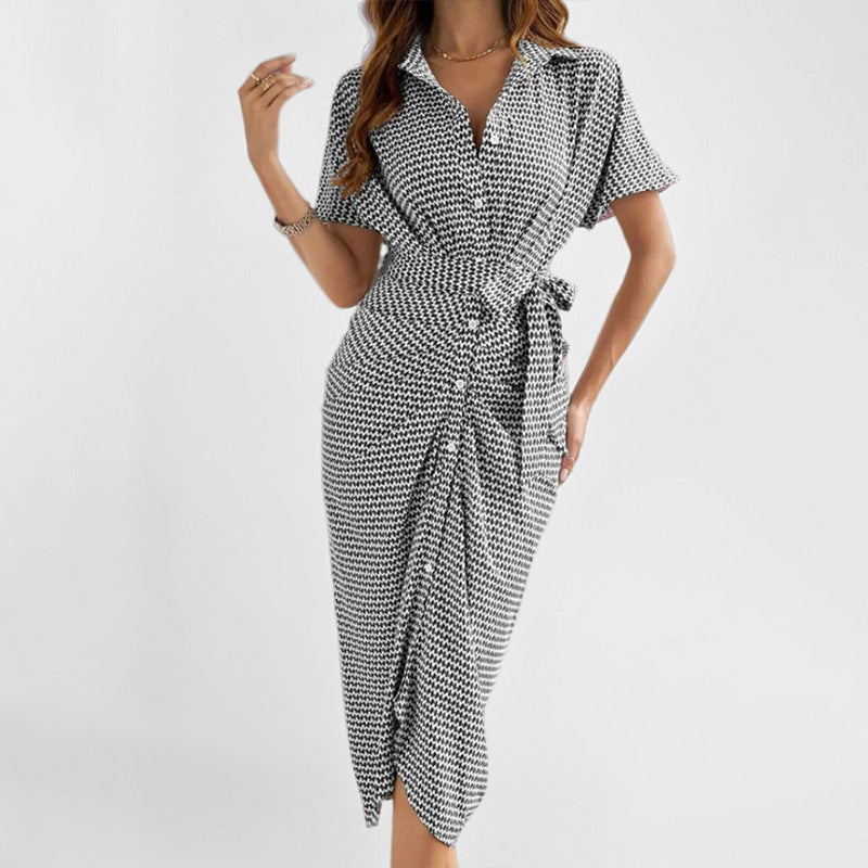 Women's Midi Dress – V-neck – Button Closure – Belt – Short Sleeves – Breathable