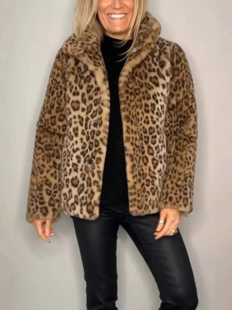 Ladies Coat – Faux Fur – Oversized Fit – Notched Collar – Leopard Print