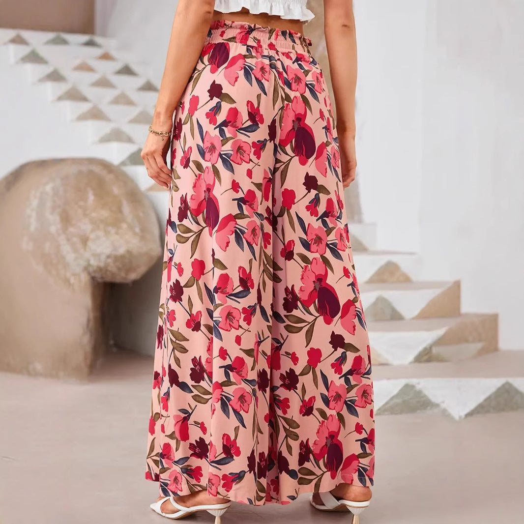 Ladies Pants – Wide Legs – Chiffon – High Waist – Floral Print – Drawstring Waistband – Full Length